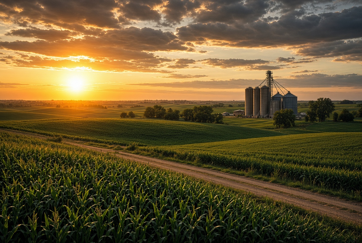 Illinois farmland near grain bins