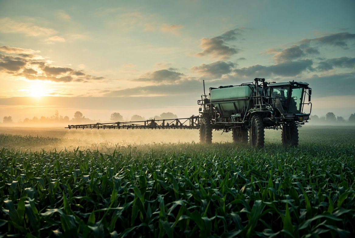 Custom application sprayer at dawn in a cornfield